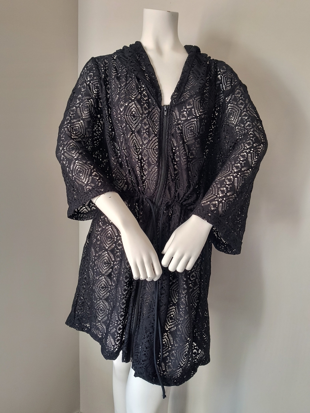 Krista Black Lace Swim Cover-Up Hooded Drawstring Waist Plus Size 1X